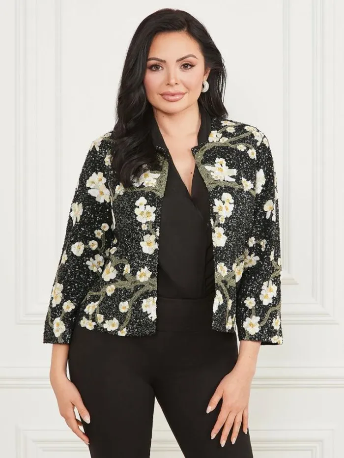 Women Jackets Marciano Precious Embroidered Sequin Jacket Blossom Black Cave Embr