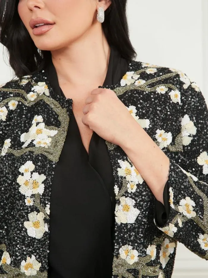 Women Jackets Marciano Precious Embroidered Sequin Jacket Blossom Black Cave Embr