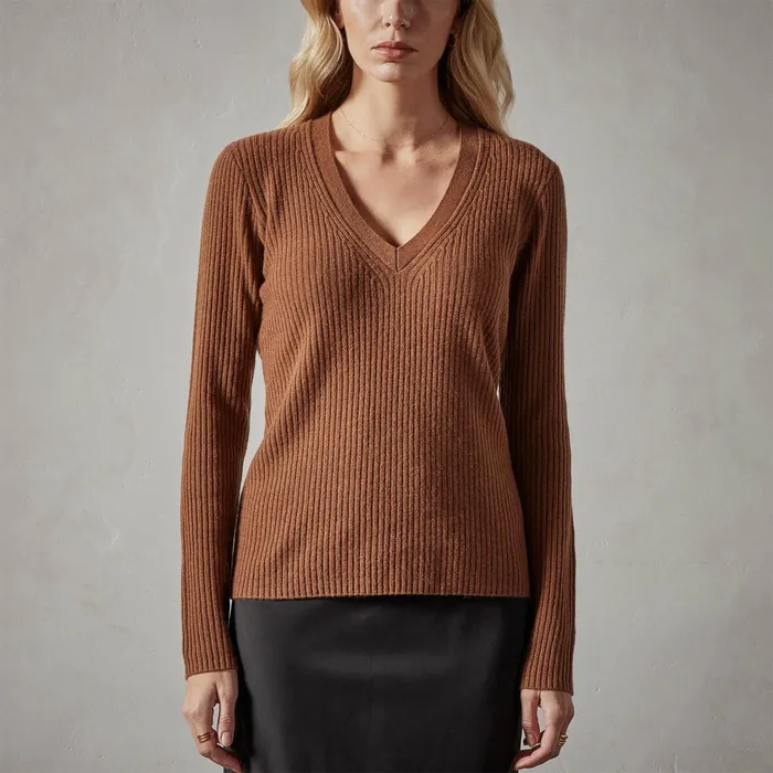 WOMEN James Perse SWEATERS Recycled Cashmere Skinny Rib Soft V Neck Gingerbread