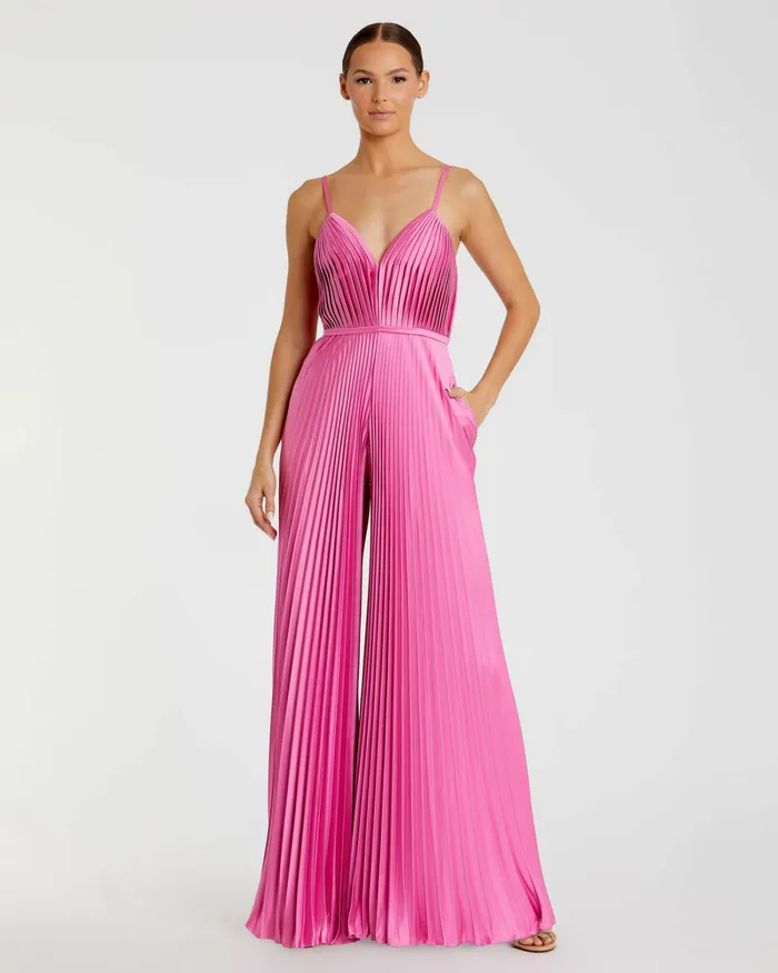 Women Jumpsuits and Rompers Mac Duggal Pink Pleated Plunge Neck Wide Leg Jumpsuit Pink