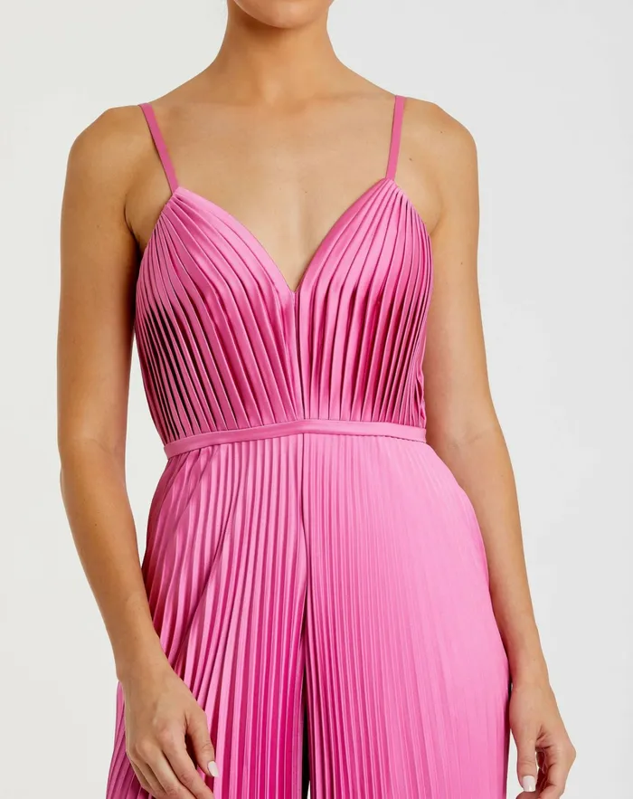Women Jumpsuits and Rompers Mac Duggal Pink Pleated Plunge Neck Wide Leg Jumpsuit Pink