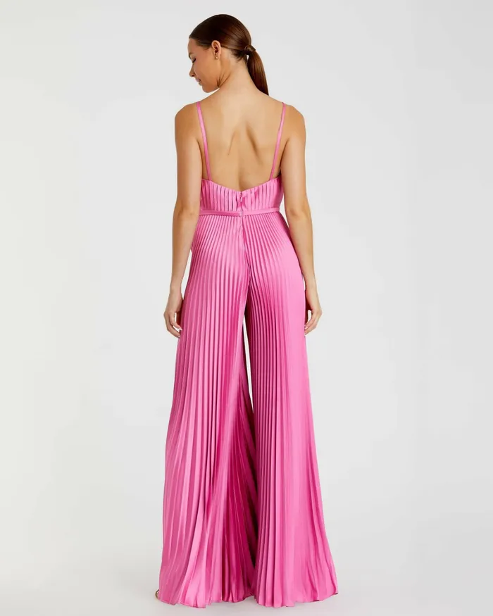 Women Jumpsuits and Rompers Mac Duggal Pink Pleated Plunge Neck Wide Leg Jumpsuit Pink