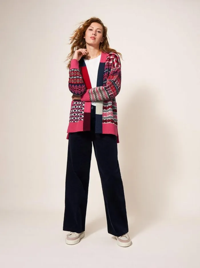 Women KNITWEAR White Stuff COCOON PATTERN CARDI FAIRISLE Red Multi