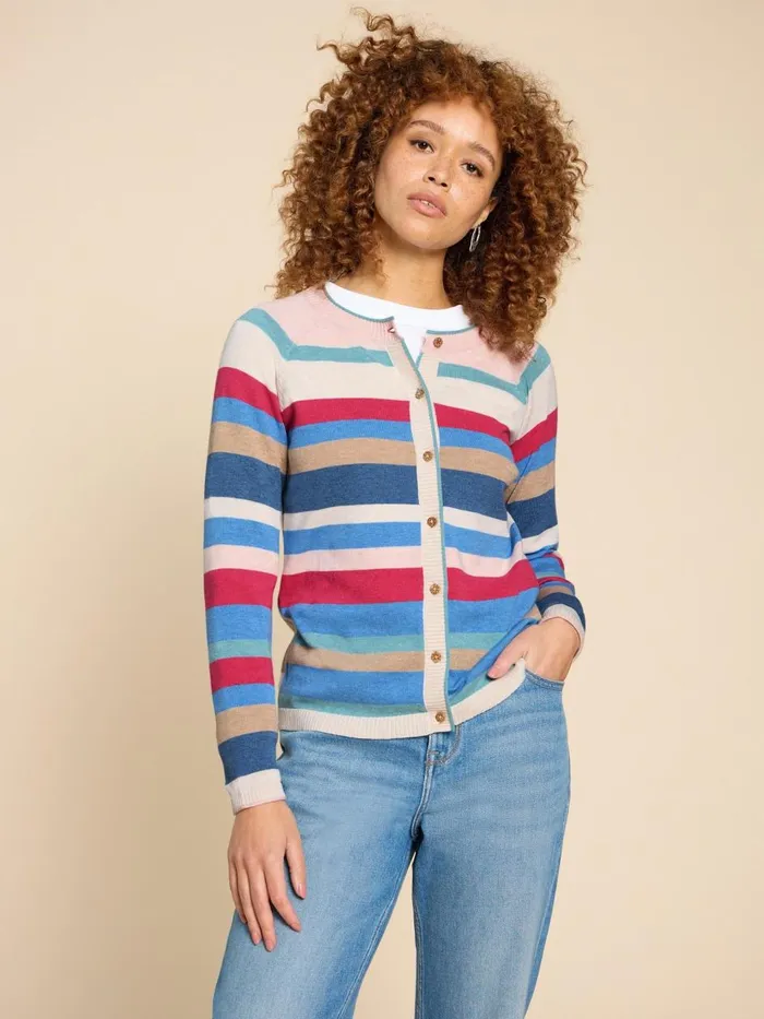 Women KNITWEAR White Stuff LULU STRIPED CARDI Pink Multi