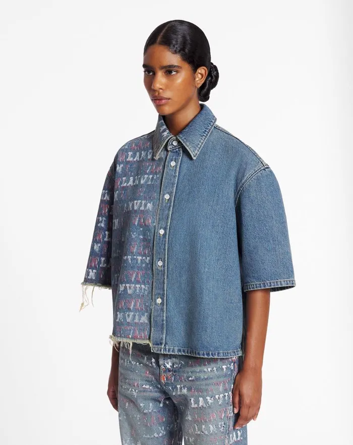 Women Lanvin Tops Lanvin X Future Unisex Asymmetrical Printed Shirt Light Blue