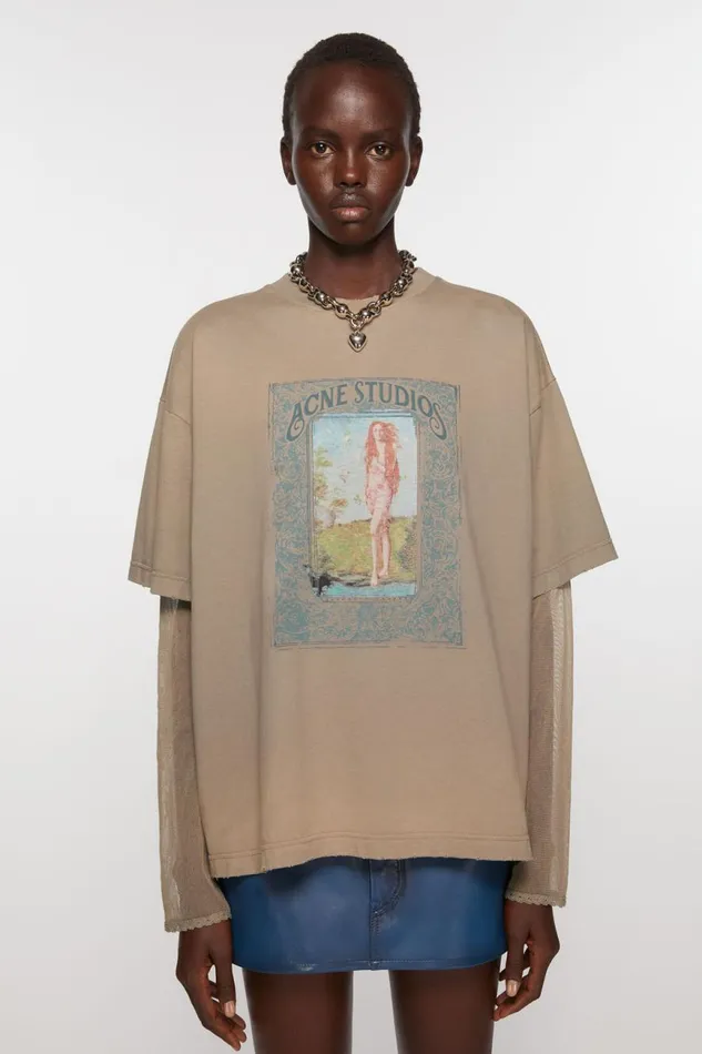 Women Layered Print Tshirt Mud Brown Acne Studios Tshirts