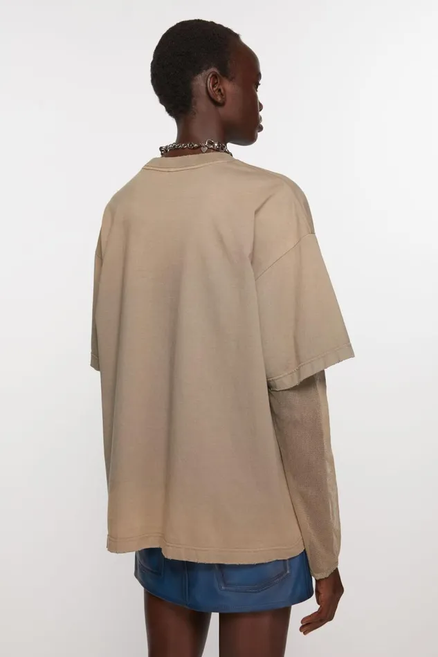 Women Layered Print Tshirt Mud Brown Acne Studios Tshirts