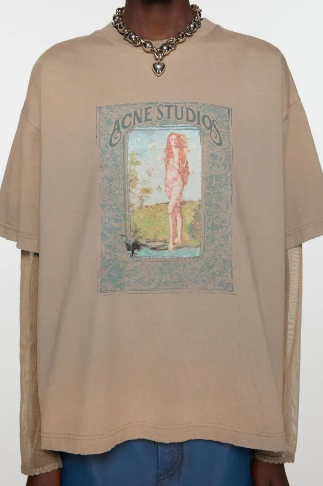Women Layered Print Tshirt Mud Brown Acne Studios Tshirts