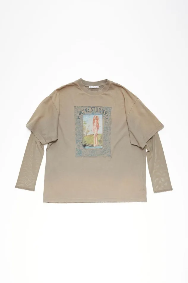 Women Layered Print Tshirt Mud Brown Acne Studios Tshirts