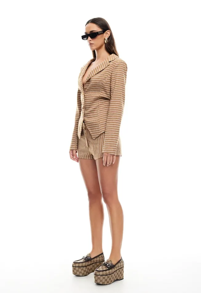 Women Lioness Fashion Outerwear BANKS CROP BLAZER Chocolate Check