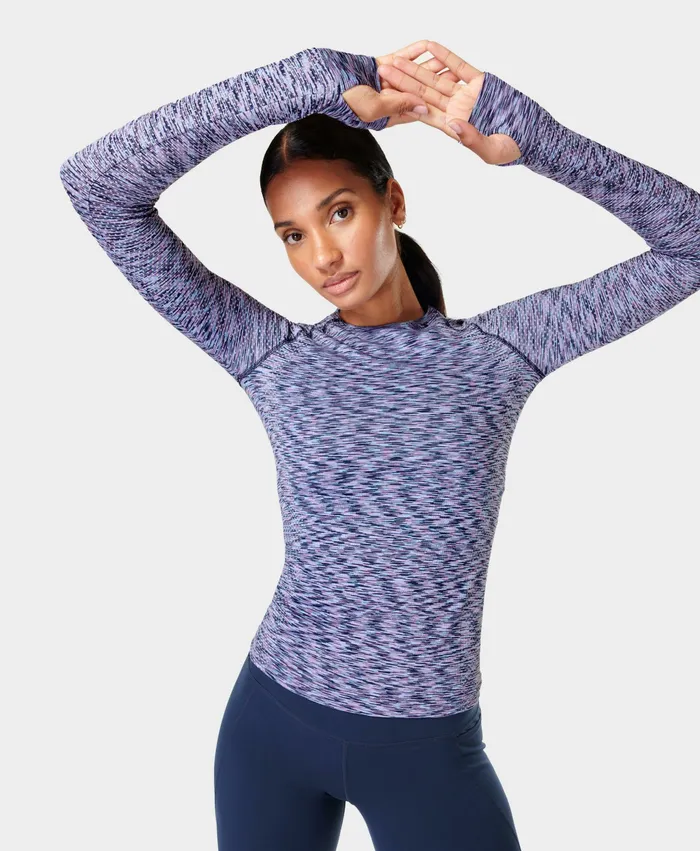 Women Long Sleeve Tops Sweaty Betty Athlete Winterweight Seamless Space Dye Top Navy Blue