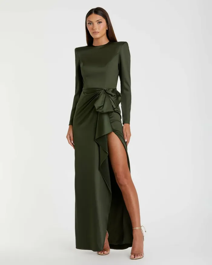 Women Mac Duggal Dark Green Long Sleeve Structured Bow Draped Gown Olive Evening Gowns
