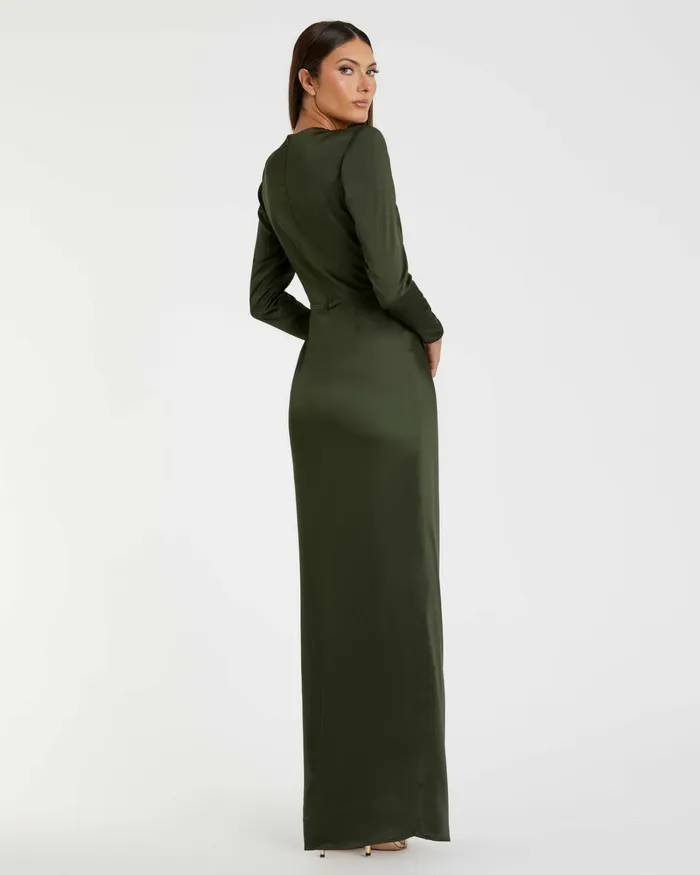 Women Mac Duggal Dark Green Long Sleeve Structured Bow Draped Gown Olive Evening Gowns