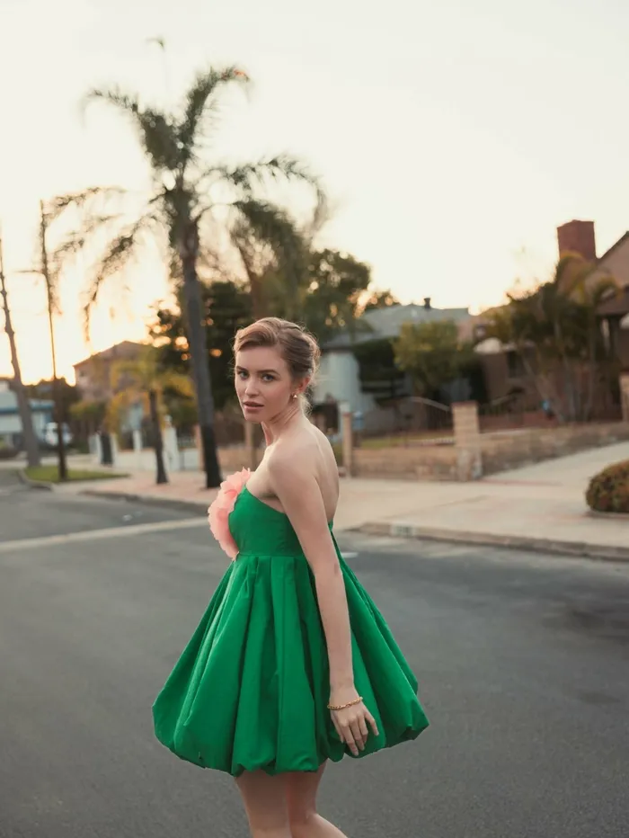 Women Mac Duggal Green Strapless Faille Mini Dress With 3D Flower Spring Green Every Day Dresses