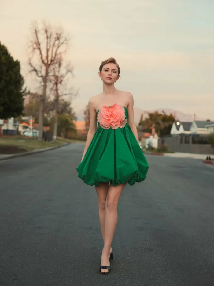 Women Mac Duggal Green Strapless Faille Mini Dress With 3D Flower Spring Green Every Day Dresses