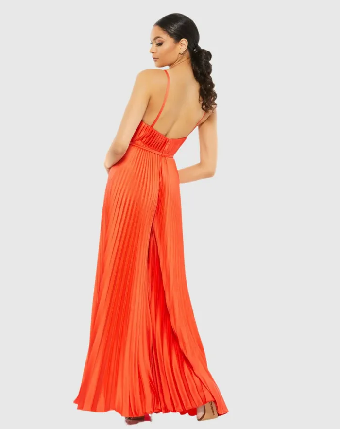Women Mac Duggal Orange Pleated Plunge Neck Wide Leg Jumpsuit Tangerine Jumpsuits and Rompers