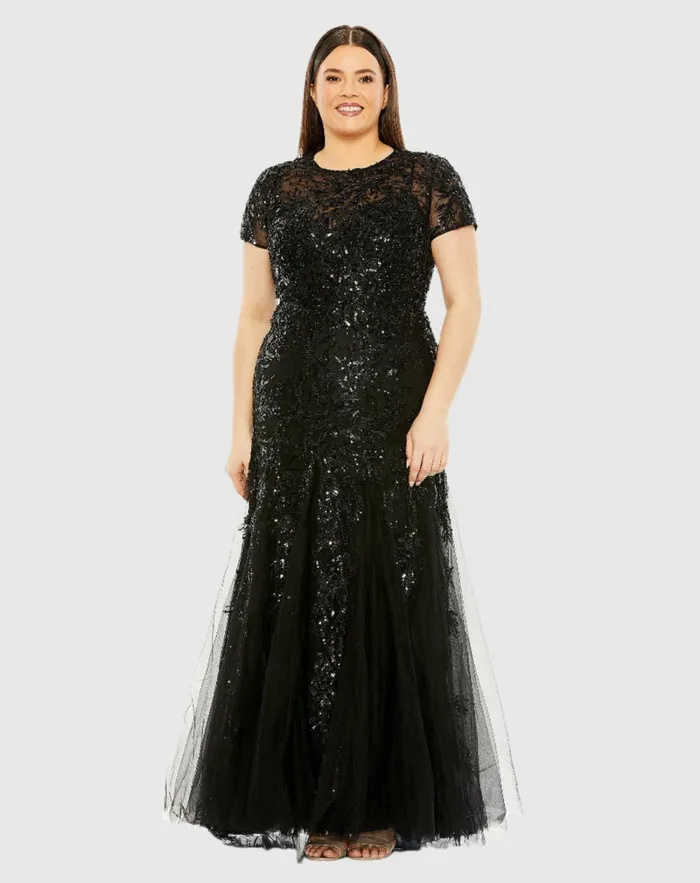 Women Mac Duggal Short Sleeve Heavy Applique Dress Black Plus Size Dresses