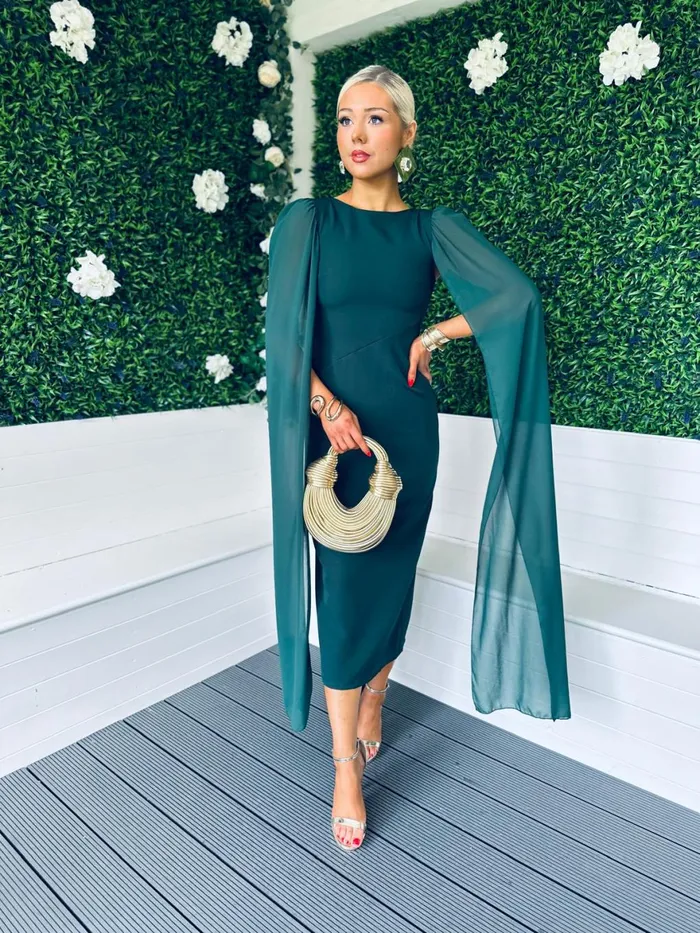 Women Maxi Canella Lane Camilla Cape Detail Occasion Dress Forest
