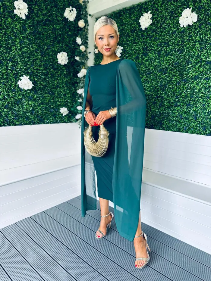 Women Maxi Canella Lane Camilla Cape Detail Occasion Dress Forest