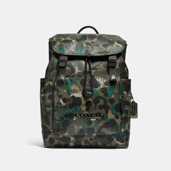 WomenMen League Flap Backpack With Camo Print Matte Blackgreenblue Coach Backpacks