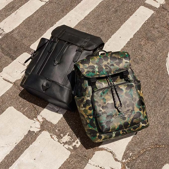 WomenMen League Flap Backpack With Camo Print Matte Blackgreenblue Coach Backpacks