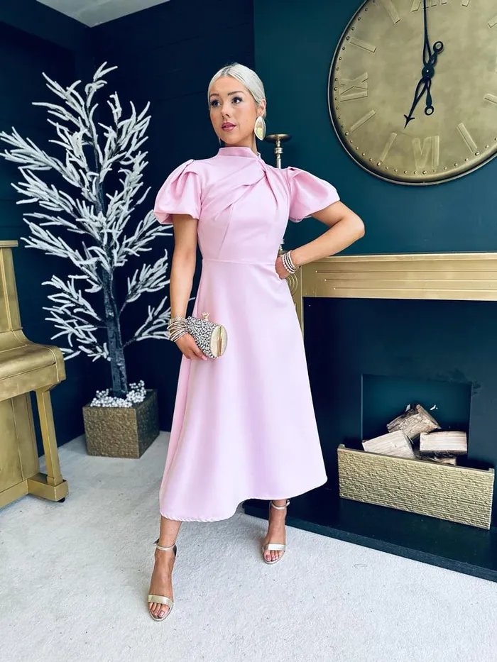 Women Midi Canella Lane Claudia Detailed Occasion Dress Powder Pink