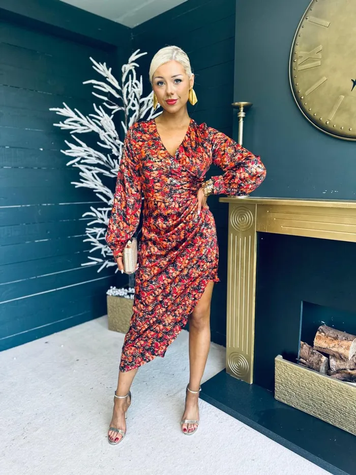 Women Midi Canella Lane Elsa Foiled Print Long Sleeve Assymetric Dress