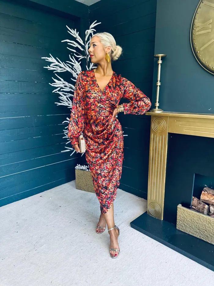 Women Midi Canella Lane Elsa Foiled Print Long Sleeve Assymetric Dress