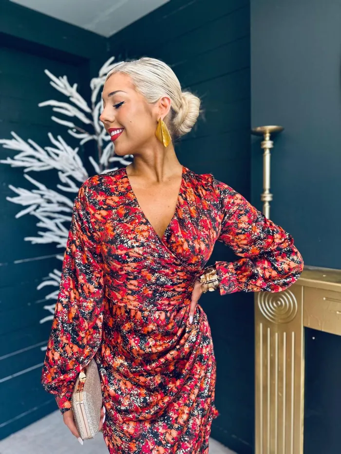 Women Midi Canella Lane Elsa Foiled Print Long Sleeve Assymetric Dress