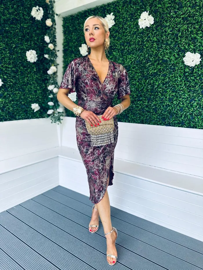 Women Midi Canella Lane Isla Metallic Midi Dress Gold and Wine