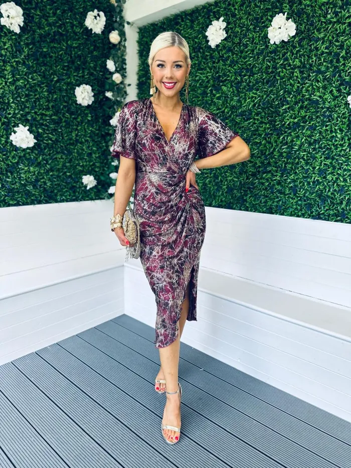 Women Midi Canella Lane Isla Metallic Midi Dress Gold and Wine