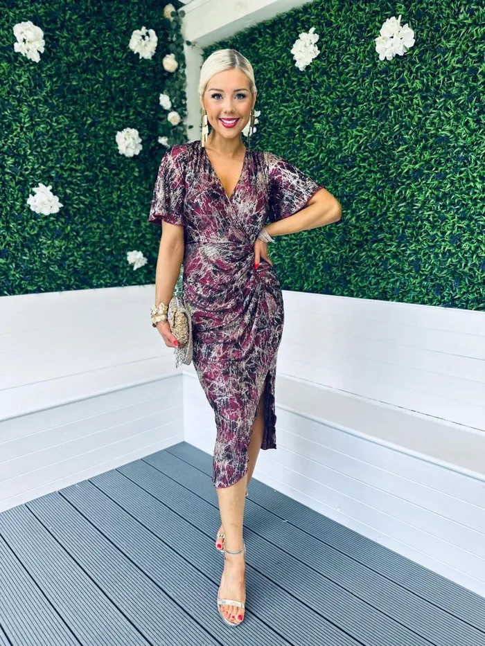 Women Midi Canella Lane Isla Metallic Midi Dress Gold and Wine