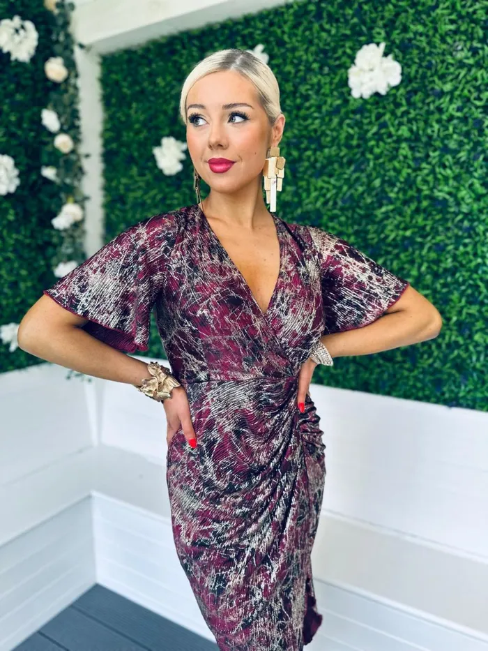 Women Midi Canella Lane Isla Metallic Midi Dress Gold and Wine