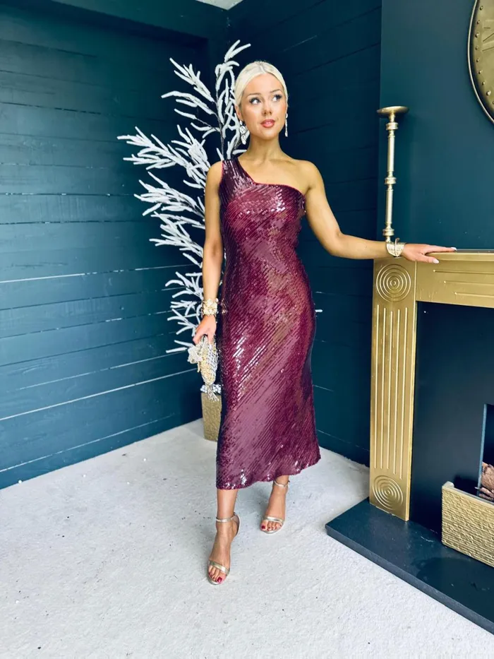 Women Midi Canella Lane Ramona Sequin One Shoulder Maxi Dress Wine