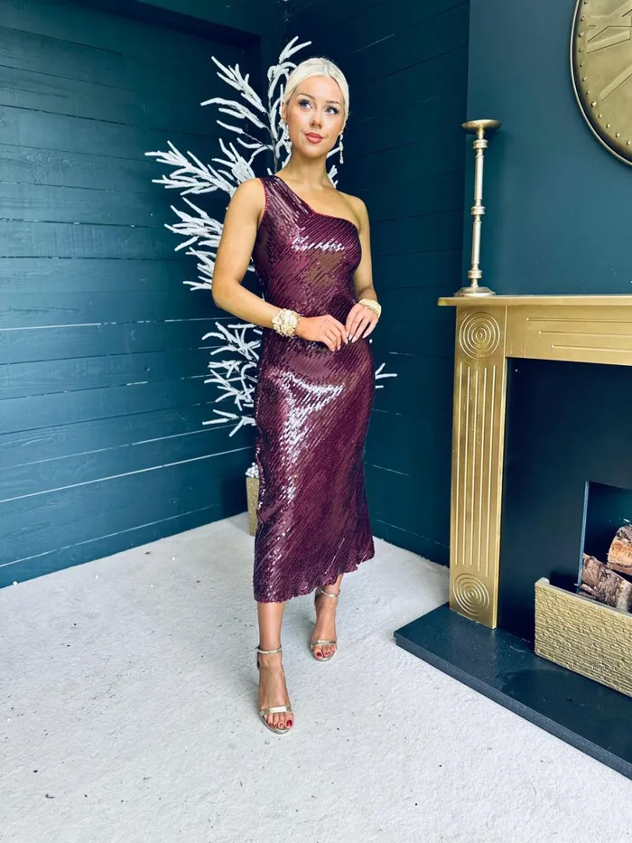 Women Midi Canella Lane Ramona Sequin One Shoulder Maxi Dress Wine