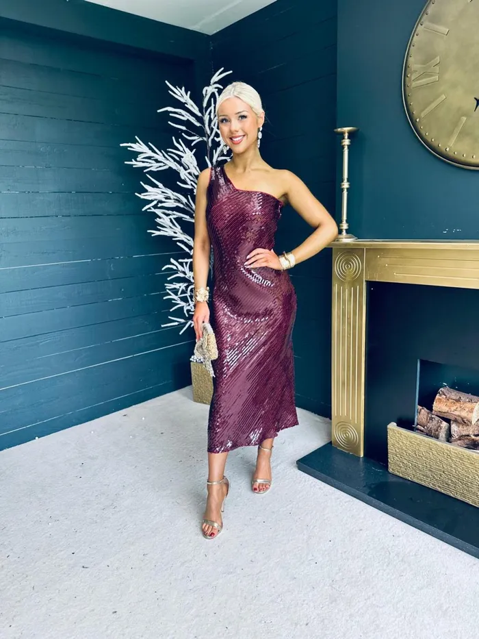 Women Midi Canella Lane Ramona Sequin One Shoulder Maxi Dress Wine
