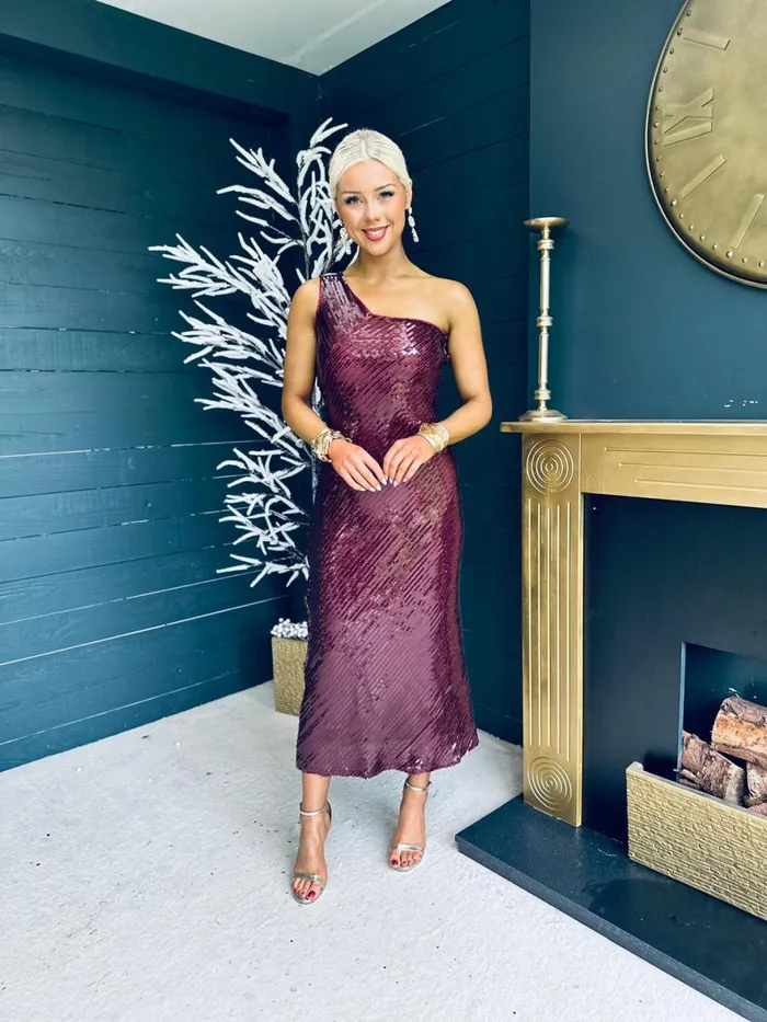 Women Midi Canella Lane Ramona Sequin One Shoulder Maxi Dress Wine