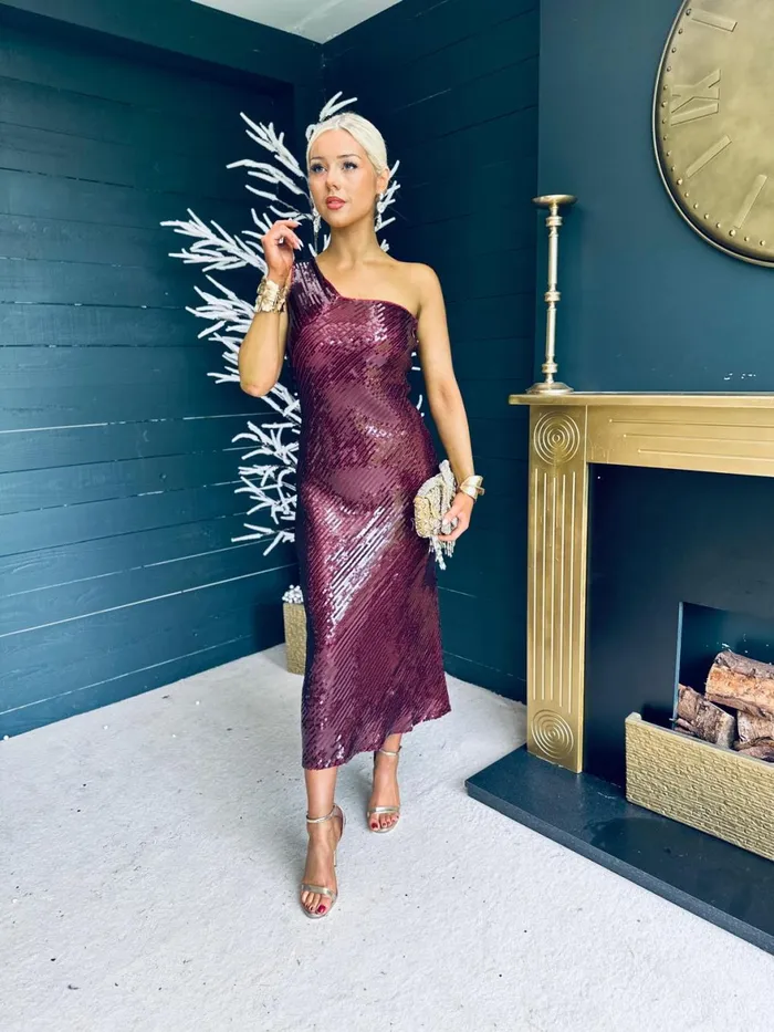 Women Midi Canella Lane Ramona Sequin One Shoulder Maxi Dress Wine