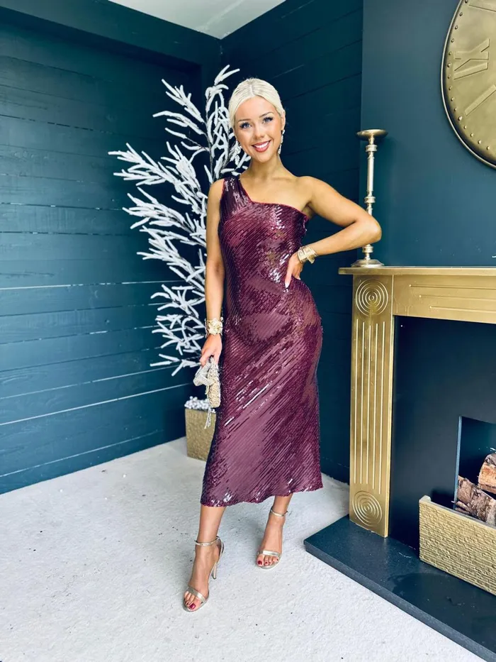 Women Midi Canella Lane Ramona Sequin One Shoulder Maxi Dress Wine