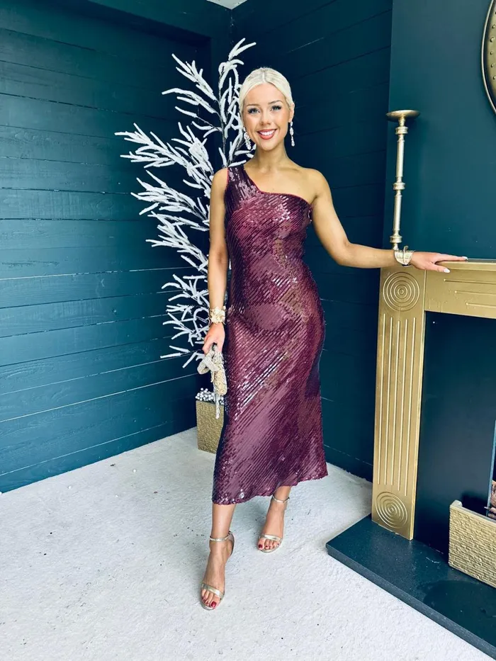 Women Midi Canella Lane Ramona Sequin One Shoulder Maxi Dress Wine