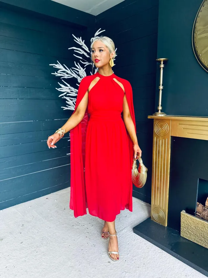 Women Midi Canella Lane Sorcha Cape Detail Occasion Dress Strawberry