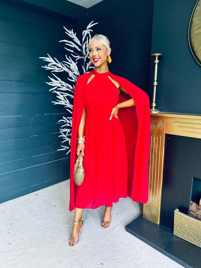Women Midi Canella Lane Sorcha Cape Detail Occasion Dress Strawberry