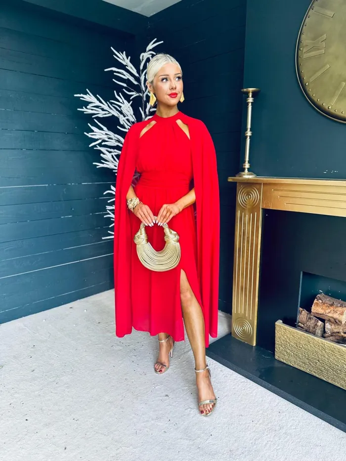 Women Midi Canella Lane Sorcha Cape Detail Occasion Dress Strawberry