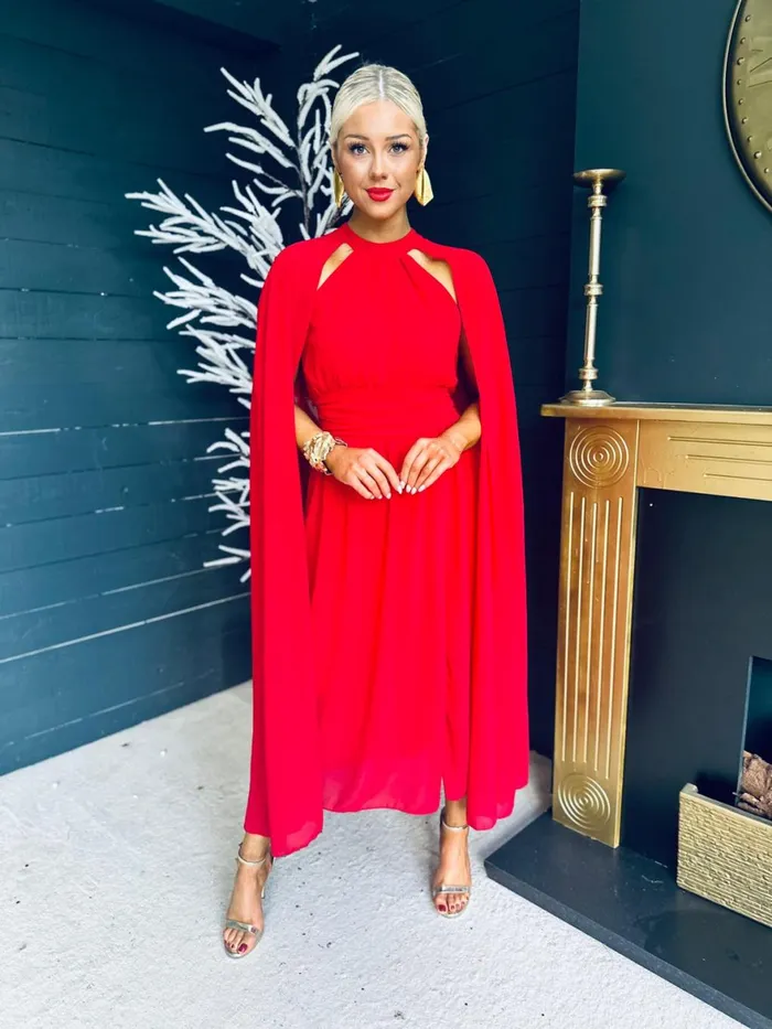 Women Midi Canella Lane Sorcha Cape Detail Occasion Dress Strawberry