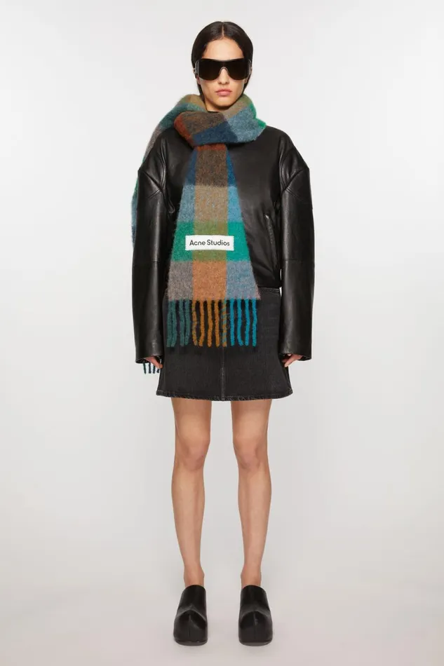 Women Mohair Checked Scarf Turquoisecamelblue Acne Studios Scarves