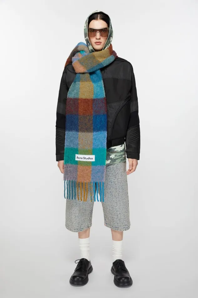 Women Mohair Checked Scarf Turquoisecamelblue Acne Studios Scarves