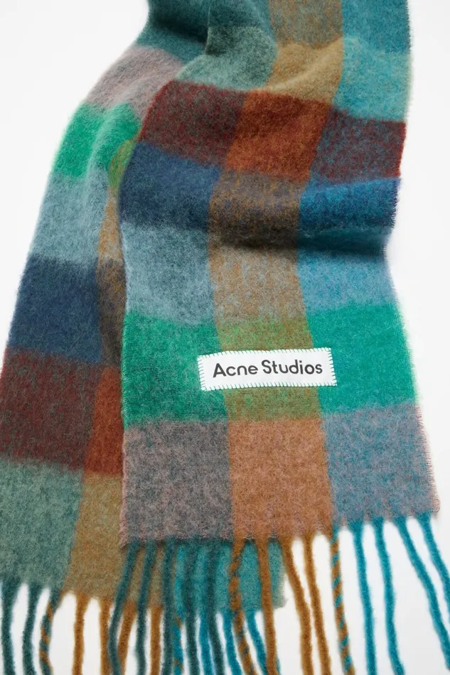 Women Mohair Checked Scarf Turquoisecamelblue Acne Studios Scarves