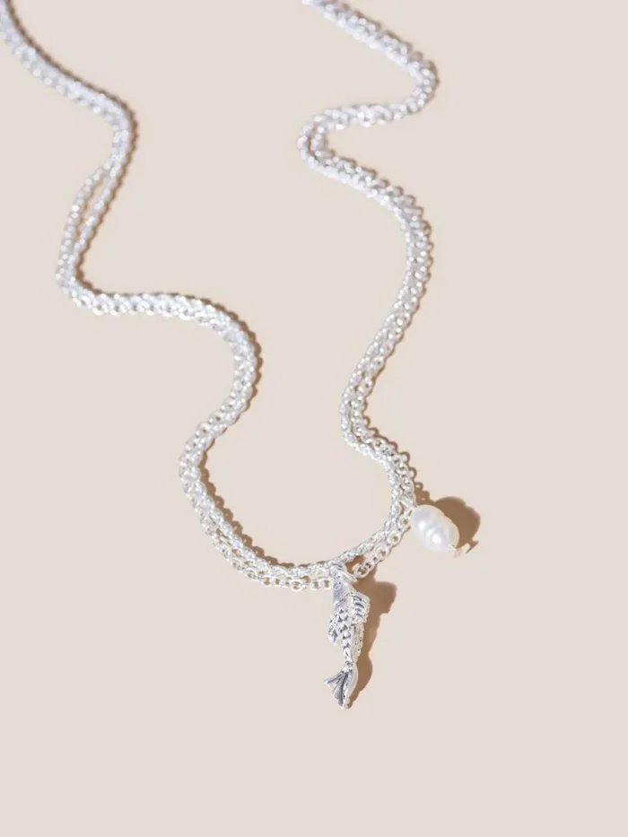 Women NECKLACES White Stuff Double Row Fish Pearl Necklace Silver Tone Metallic