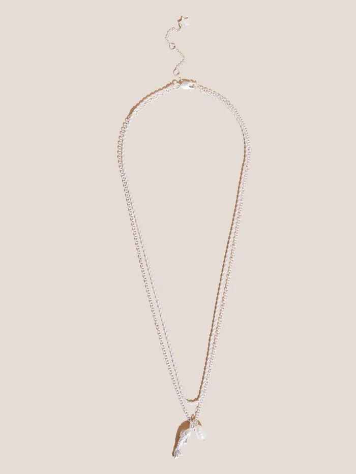 Women NECKLACES White Stuff Double Row Fish Pearl Necklace Silver Tone Metallic
