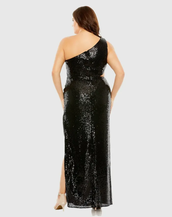 Women Plus Size Dresses Mac Duggal Sequin One Shoulder Side Cutout Gown Black Women Plus Size Dresses Mac Duggal Sequin One Shoulder Side Cutout Gown Black